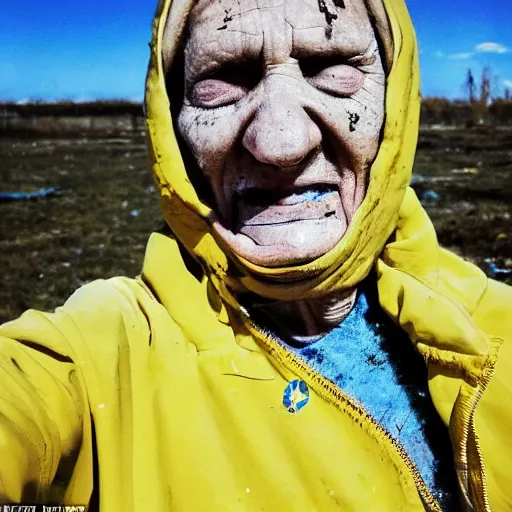 Image similar to selfie of the last surviving ukrainian, wild pain and damage to the body burns alive to the bone, painted in dirty yellow - blue colors, a huge nuclear explosion is approaching in the background