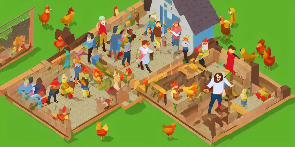 Image similar to Jesus is feeding the chickens, isometric illustration