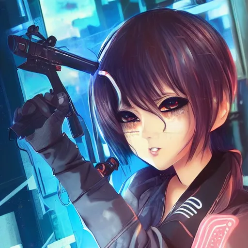 Image similar to poster art of anime girl with cyberpunk style outfit, cute face, pretty, Anime, posing with a gun by Valorant and Julia Yurtsev, Fierce expression 4k, 8k, HDR, Trending on artstation, Behance, Pinterest