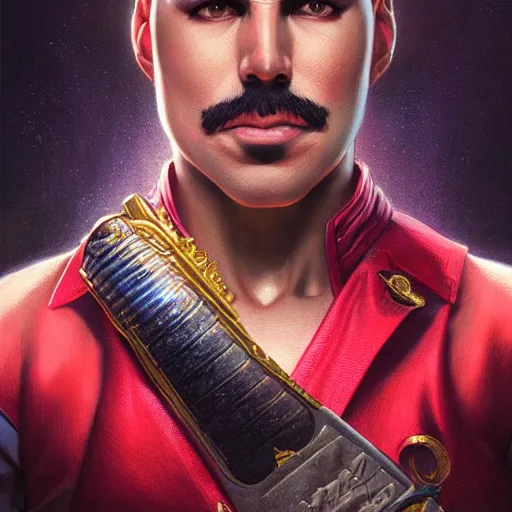 Image similar to ultra realistic freddy mercury from ryu from street fighter, portrait, 4 k, ultra realistic, detailed focused art by artgerm and greg rutkowski and alphonse mucha