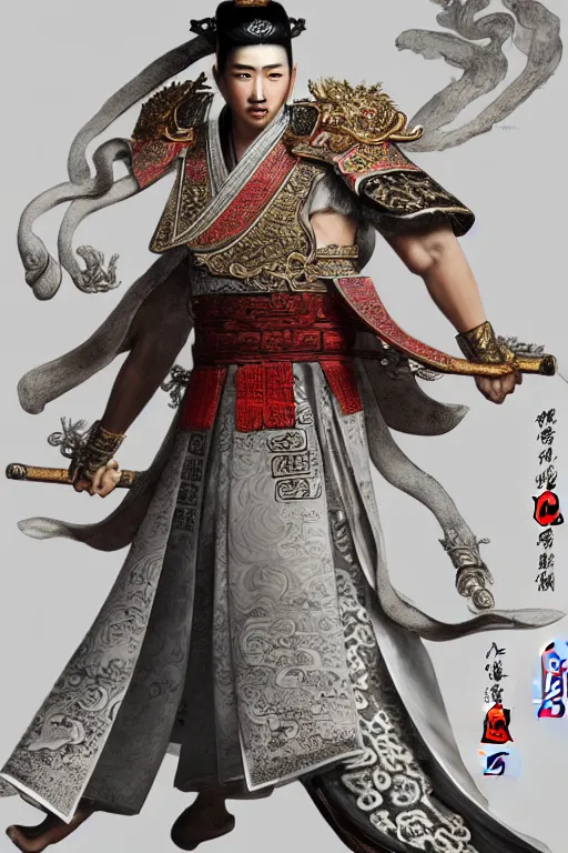 Image similar to a highly detailed epic character design of ancient chinese hansome young emperor, crown wearing white imperial robe strong, full body, background is ancient chinese architecture ， clouds, by chen uen, yoji shinkawa 8 k