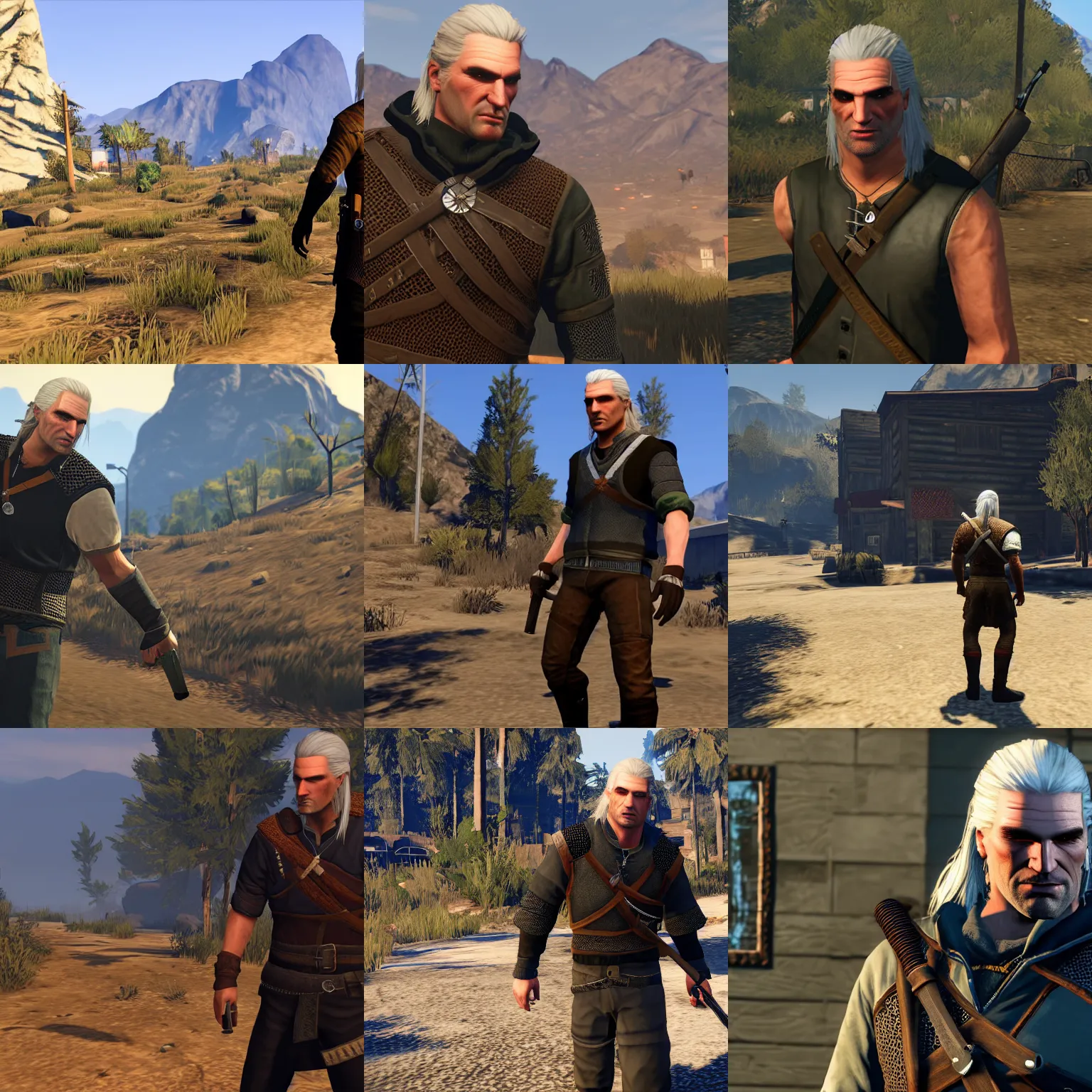 Prompt: gameplay screenshot of geralt of rivia in grand theft auto v