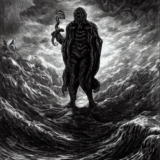 Prompt: a traditional portrait of cthulhu, small town in the background, night, soaring waves, clouds, illustration by Gustave Doré