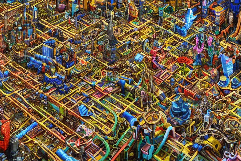 Image similar to an elaborate penned illustration of a colorful intricate connected city of tubes and pipes, by jan van haasteren and jheronimus bosch, unreal engine, physically based rendering, ariel view, tilt - shift