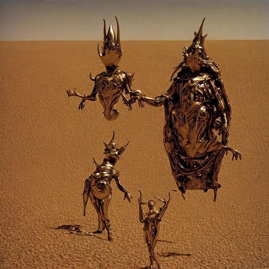 Image similar to salvador dali wearing a golden horned crown and jewels in a dry sand desert landscape, alien spaceship by giger, film still from the movie by alejandro jodorowsky with cinematogrophy of christopher doyle and art direction by hans giger, anamorphic lens, kodakchrome, very detailed photo, 8 k