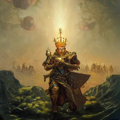 Prompt: a scene of a armored humanoid potato wearing a king crown, on mediaval battlefield, golden sword, by peter mohrbacher