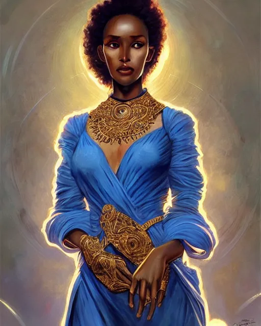 Image similar to Portrait of very very very very very very beautiful somali woman, spacesuit, blue eyes, real life skin, intricate, elegant, highly detailed, artstation, concept art, smooth, sharp focus, art by artgerm and greg rutkowski and alphonse mucha