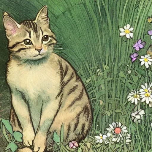Prompt: a cute tabby cat sitting in a garden, beautiful illustration by beatrix potter and alphonse mucha