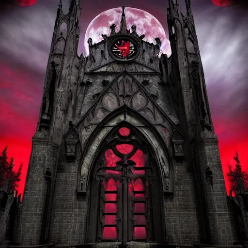 Prompt: castlevania gothic castle spires red full moon clouds mist fog cemetery gravestones flying butress black and red dark scary dramatic cathedral stained glass bell tower clock tower ruins and decay fantasy neon