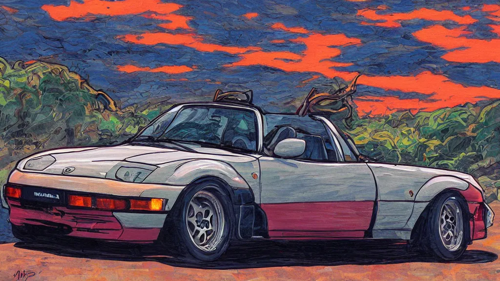 Prompt: 1 9 9 0 mazda miata in the style of dan mumford