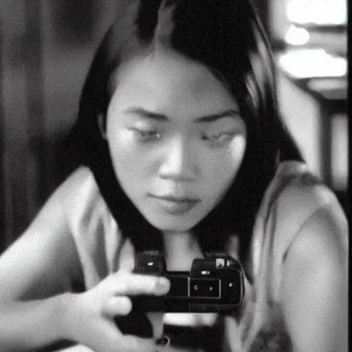 Image similar to a Filipino girl plays video games, 35mm film, b&w, tatami shot, well-composed by Yasujiro Ozu