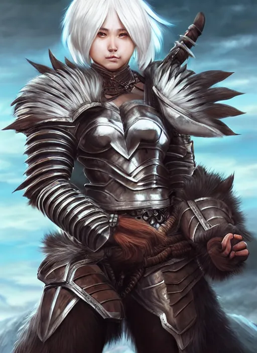 Image similar to warrior, fur - lined heavy armor!!! beautiful and athletic white hair female!! monster hunter!! character concept art, sharp focus, octane render! unreal engine 5! highly rendered!! trending on artstation!! detailed linework!! illustration by artgerm, wlop, and chie yoshii