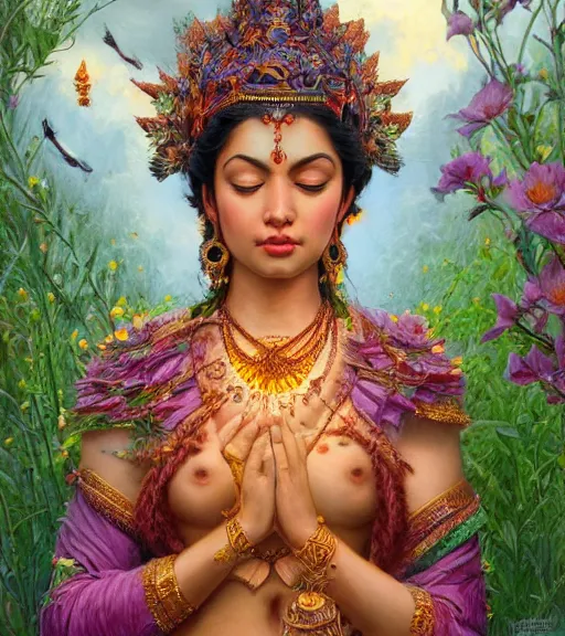 Image similar to hindu goddess im beautiful meadow of flowers, highly detailed, centered, digital painting, artstation, concept art, smooth, sharp focus, illustration, art by artgerm and donato giancola and Joseph Christian Leyendecker, Ross Tran, WLOP