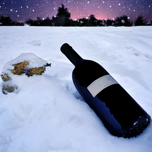 Image similar to wine bottle artistically buried in the snow, starry night sky