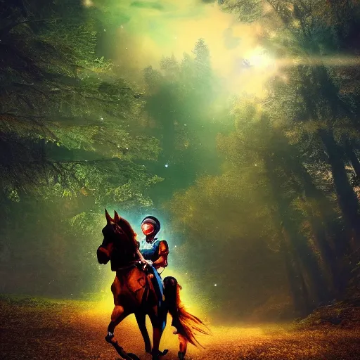 Image similar to arrows struck astronaut riding a horse in a fantasy forest, landscape, morning ambience, cinematic, digital art, front lit, epic, cinematic
