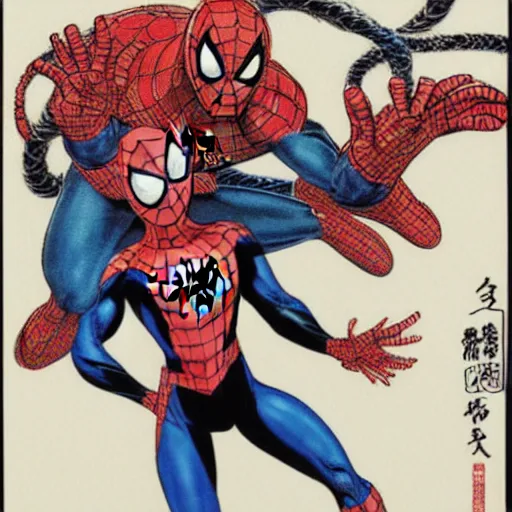 Image similar to Spider-man as illustrated by Yoshitaka Amano. 1994. Acrylic and Watercolor on lithography paper. Ukiyo-e