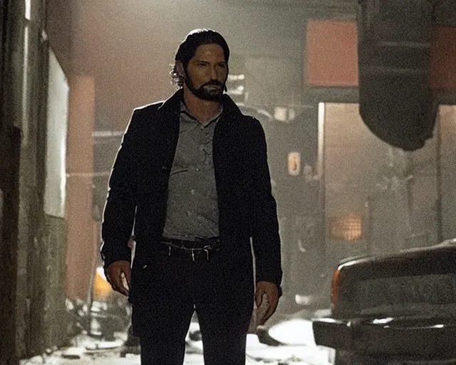 Image similar to in this scene from david chase's hbo miniseries the outfit, a supernatural mafia crime thriller about magical monster - hunting mafiosi in 9 0 s philadelphia, the main character ( joe manganiello ) is confronted in a dark alley by a werewolf. realistic hd 8 k film photography, modern horror cgi vfx.