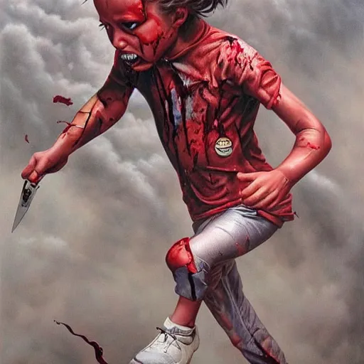 Image similar to a running child turning into vapor, mist, smoke, blood, scissors in hand, a detailed matter painting by Jason Edmiston