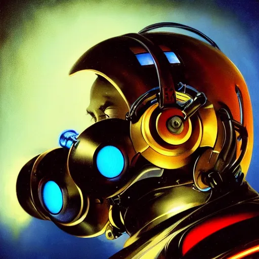 Prompt: a dark and colorful close - up side profile portrait of a sci - fi mecha robot with headphones, led lights glowing fog in the background. highly detailed science fiction painting by norman rockwell, frank frazetta, and syd mead. rich colors, high contrast, gloomy atmosphere, dark background. trending on artstation