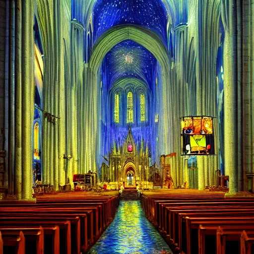 Prompt: Van Gogh painting of a Cathedral, cinematic angle, volumetric lighting, breathtaking, beautiful composition, elegant, digital a