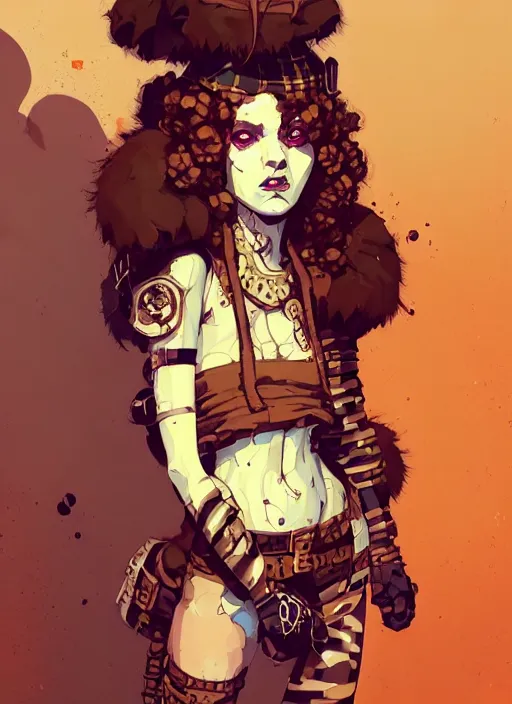 Prompt: highly detailed portrait of a sewer punk lady paladin, tartan vestments, curly blonde hair by atey ghailan, by greg rutkowski, by greg tocchini, by james gilleard, by joe fenton, by kaethe butcher, gradient, orange, black, brown and cream color scheme, grunge aesthetic!!! white graffiti tag wall background