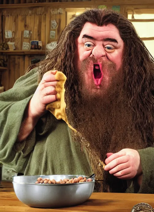 Image similar to PS1 Hagrid messily eating beans