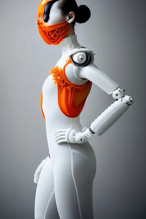 Image similar to symmetrical portrait of a woman wearing an orange embroidered translucent silicone mask and black frizzy hair buns, wearing a white bodysuit by alexander mcqueen, white background, soft diffused light, biotechnology, humanoide robot, futuristic aesthetic, translucent, ethereal, intricate details, highly detailed, masterpiece,