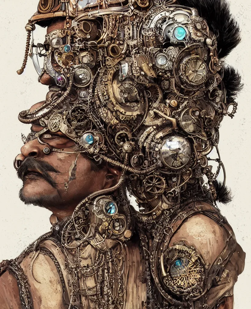 Image similar to face portrait of an indian man with long kawai moustache rajasthani headgear wearing madmax style steampunk goggles and steampunk jewelry, art by peter mohrbacher and craig mullins, sticker, isolated on white background, colorful, illustration, highly detailed, simple, smooth and clean vector curves, no jagged lines, hyperrealistic, digital painting, cgsociety, artstation, smooth