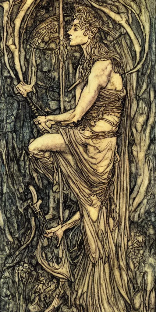 Image similar to tarot card detailed painting, illustration, tarot card framing with roman numbers, in style of Arthur Rackham