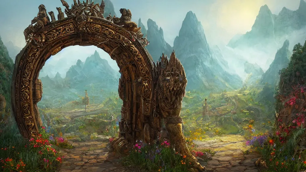 Image similar to A giant medieval fantasy portal gate with a rusty gold carved lion face at the center of it, the portal takes you to another world, full of colorful flowers on the lost Vibes and mountains in the background, spring, delicate fog, sea breeze rises in the air, by andreas rocha and john howe, and Martin Johnson Heade, featured on artstation, featured on behance, golden ratio, ultrawide angle, f32, well composed