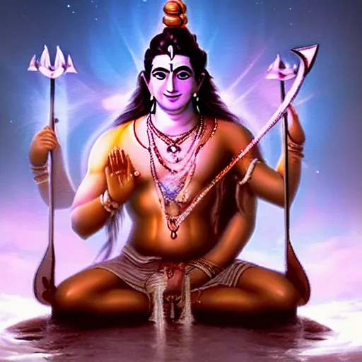 Prompt: Lord Shiva holding trident in the space , glowing effect, universe, concept art trending on artstation , realistic,