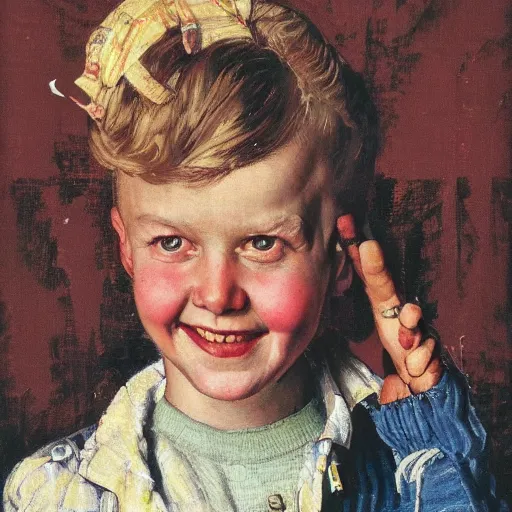 Image similar to a portrait of svika pick smiling while doing a peace sign, by norman rockwell