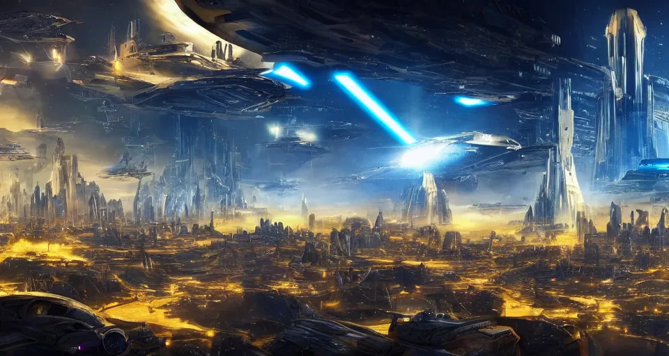 Image similar to a giant, futuristic city where everything is off the ground and is colored blue and gold, in the style of a star wars city, computer wallpaper