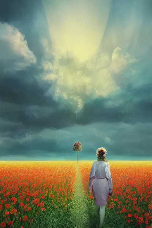 Prompt: giant white flower head, girl walking in a flower field, surreal photography, sunrise, dramatic light, impressionist painting, colorful clouds, digital painting, artstation, simon stalenhag