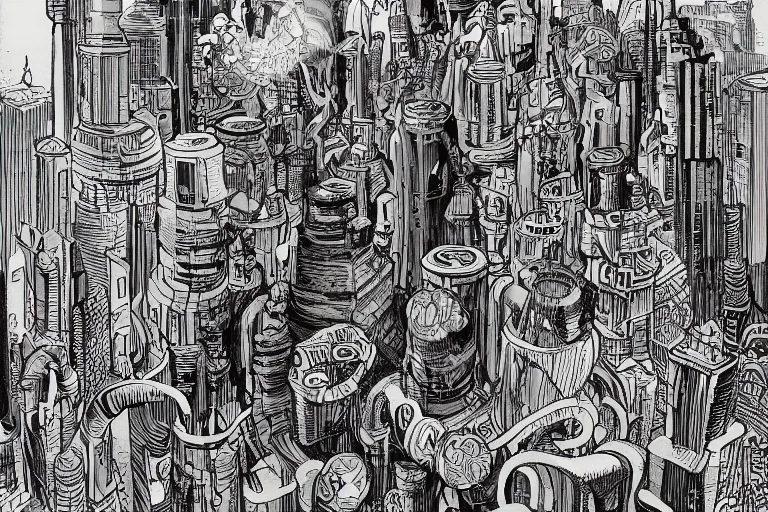 Prompt: an elaborate penned child illustration of an intricate connected city of tubes and pipes, by martin handford and by jan van haasteren and by simon bisley and by jack kirby