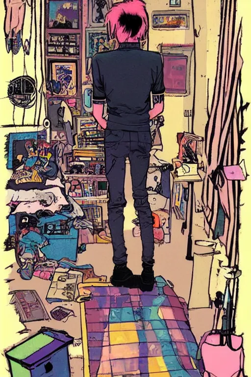 Image similar to a skinny goth guy standing in a cluttered 9 0 s bedroom by jamie hewlett, back view, jamie hewlett art, full body character concept art, vaporwave colors,