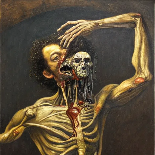 Prompt: realistic Gustave Courbet painting of a zombie with body made guts and veins dripping golden shiny metalic cascade fluid from ribcage inside sci-fi laboratory