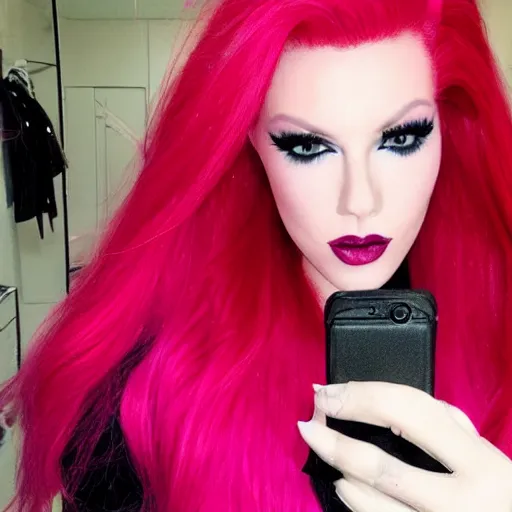 Image similar to jeffree star 2 0 0 0 s selfie with pink red hair