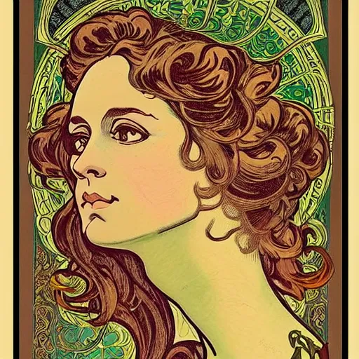 Prompt: art nouveau wallpaper, flowing 1 8 th century woman, face is symmetrical, | habsburg syndrome, excessive chin, inbred |, intricate detailed, ornate, silkscreen print, ornate masterpiece, framed, used poster, flat matte, hyper detailed, style of chuck sperry, alphonse mucha w 1 2 8 0