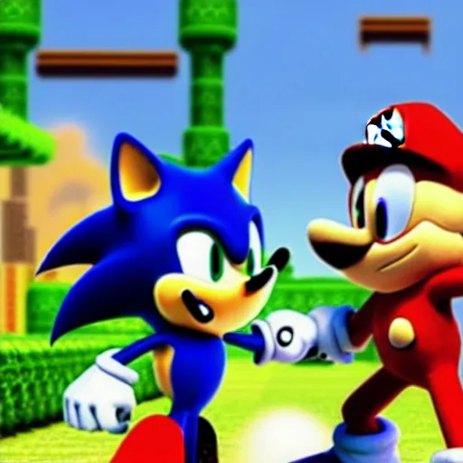 Image similar to film still of sonic the hedgehog and super mario fighting to tye death