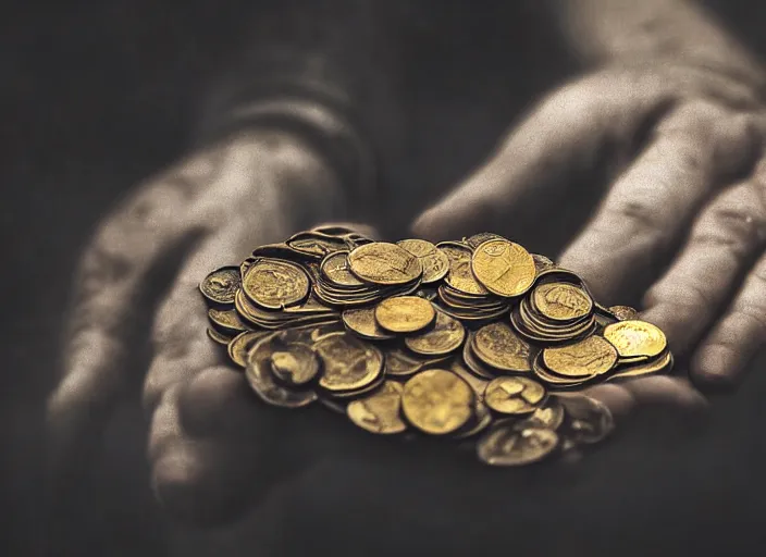 Image similar to old retro burnt out sepia photograph with scratches of an old and wrinkled hand holding a few golden coins with royal engravings. magical forest in the background with bokeh. Antique. High quality 8k. Intricate. Sony a7r iv 35mm. Award winning. Zdzislaw beksinski style