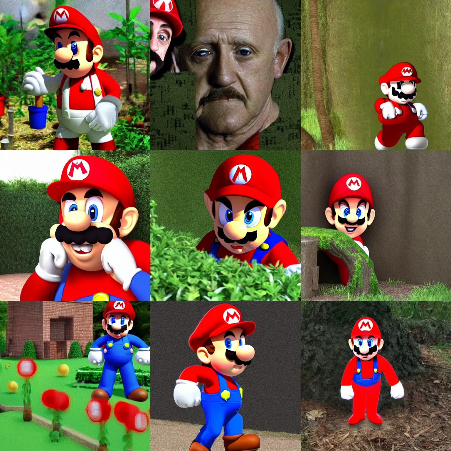 Prompt: mike ehrmantraut dressed as super mario, emerging out of the bushes. realistic. hd.