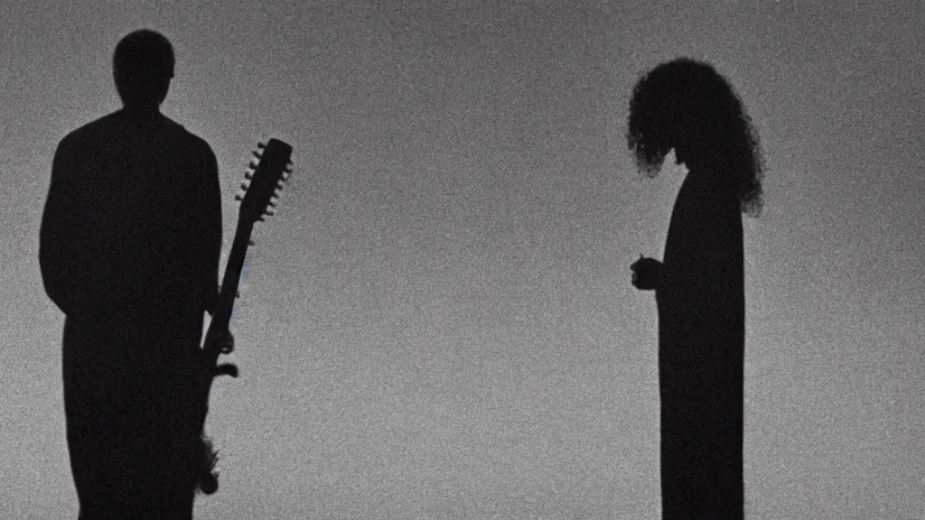 Image similar to photo from distance of a black man with long curly hair, carrying a electric guitar, walking out of from the past door, film still from the movie directed by Denis Villeneuve with art direction by Zdzisław Beksiński, wide lens