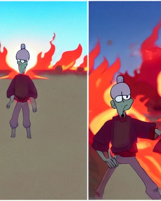 Image similar to squidward wearing fire nation clothing and practicing firebending outside at susnset [ photorealistic ]