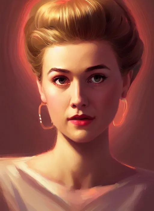 Image similar to portrait of betty cooper with fluffy bangs, bangs, 1 9 6 0 s, ponytail, curly bangs and ponytail, rounder face, intricate, elegant, glowing lights, highly detailed, digital painting, artstation, concept art, smooth, sharp focus, illustration, art by wlop, mars ravelo and greg rutkowski