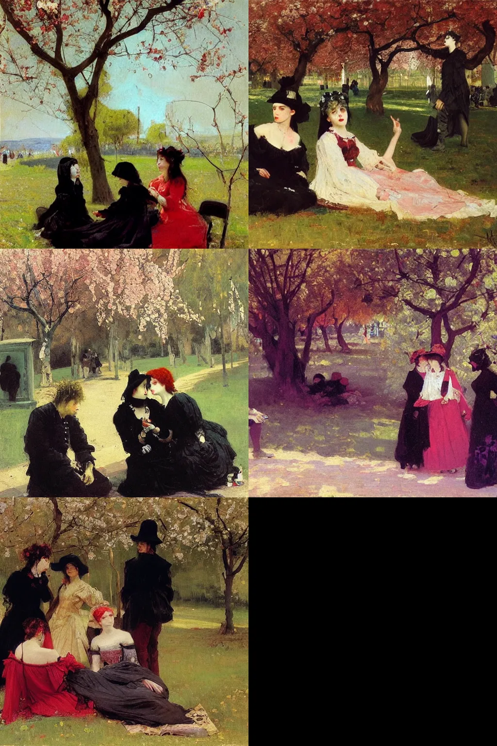 Prompt: an hd painting by ilya repin. three goths loitering in the shade, talking beneath a cherry tree outside a blockbuster video store.