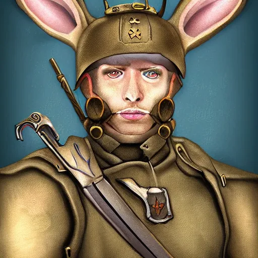 Image similar to digital art portrait of a fantasy rabbit soldier by kyle ferrin