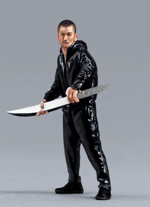 Image similar to 80mm resin detailed miniature of drunk man in black Adidas tracksuit holding knife, Product Introduction Photos, 4K, Full body