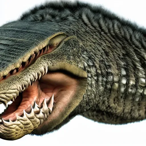 Image similar to Fur covered crocodile with a wolve's head, concept art, photoshop artwork, highly detailed