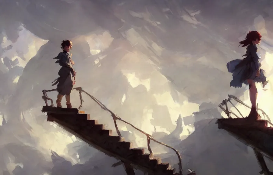 Image similar to greg manchess concept art of a the cloud stairs dimension, key visual, ambient lighting, highly detailed, digital painting, artstation, concept art, sharp focus, by makoto shinkai and akihiko yoshida and hidari and wlop and greg rutkowski